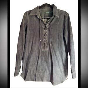 RALPH LAUREN Women’s Chambray Dark Denim Lace-Up Tunic Long Sleeve Sz S